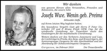 Traueranzeige von Josefa Wenin von Dolomiten