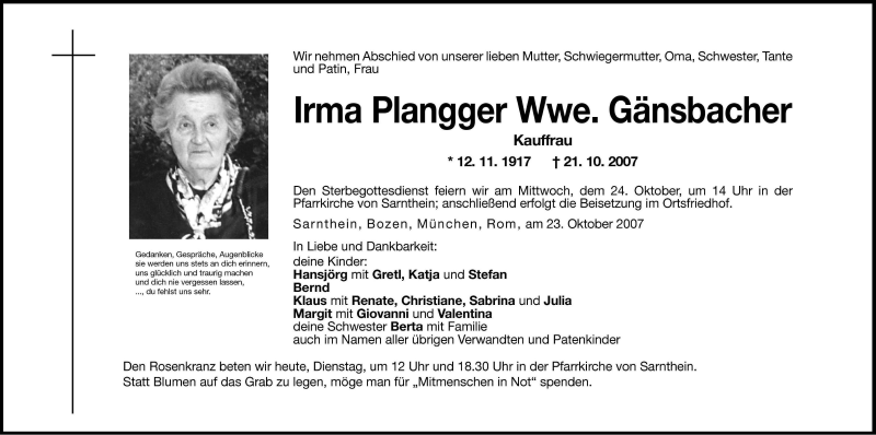  Traueranzeige für Irma Gänsbacher vom 23.10.2007 aus Dolomiten