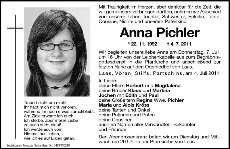 Traueranzeigen Von Anna Pichler Trauer Bz