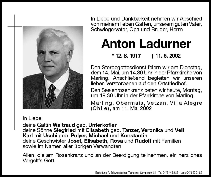  Traueranzeige für Anton Ladurner vom 13.05.2002 aus Dolomiten