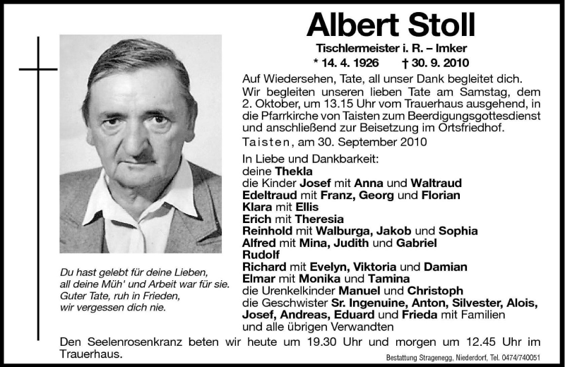  Traueranzeige für Albert Stoll vom 01.10.2010 aus Dolomiten