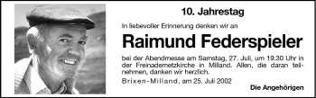 Traueranzeige von Raimund Federspieler von Dolomiten