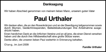 Traueranzeige von Paul Urthaler von Dolomiten