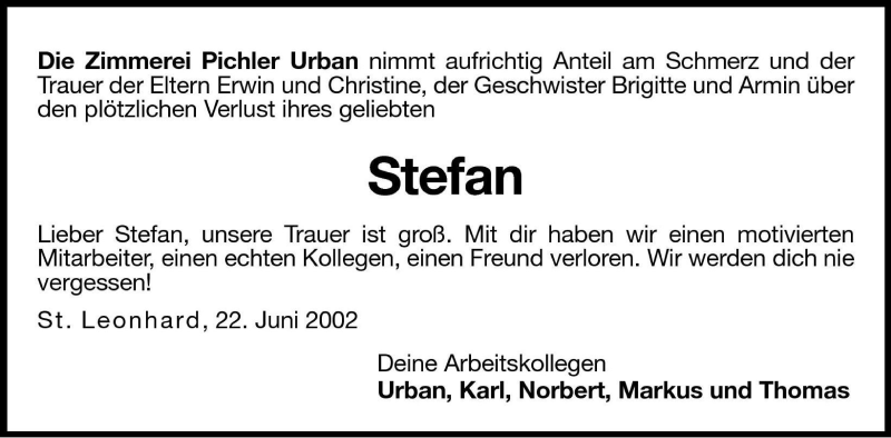  Traueranzeige für Stefan  vom 24.06.2002 aus Dolomiten