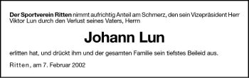 Traueranzeige von Johann Lun von Dolomiten