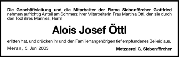 Traueranzeige von Alois Josef Öttl von Dolomiten