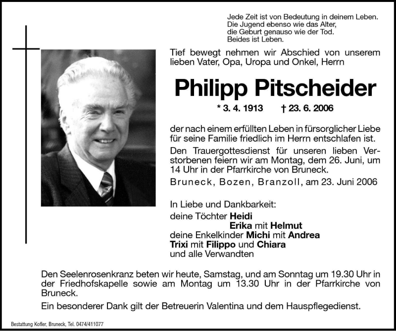  Traueranzeige für Philipp Pitscheider vom 24.06.2006 aus Dolomiten