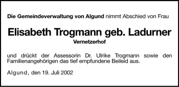 Traueranzeige von Elisabeth Trogmann von Dolomiten