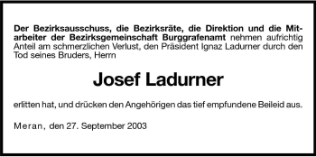 Traueranzeige von Josef Ladurner von Dolomiten