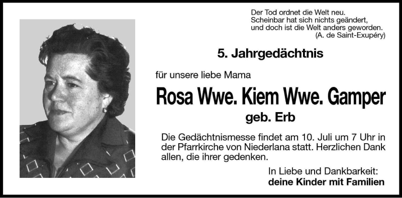  Traueranzeige für Rosa Kiem vom 09.07.2004 aus Dolomiten