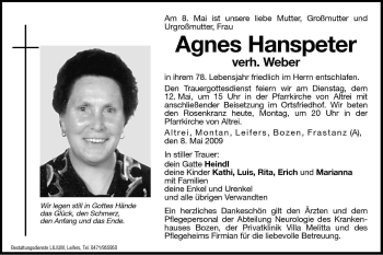 Traueranzeige von Agnes Weber von Dolomiten