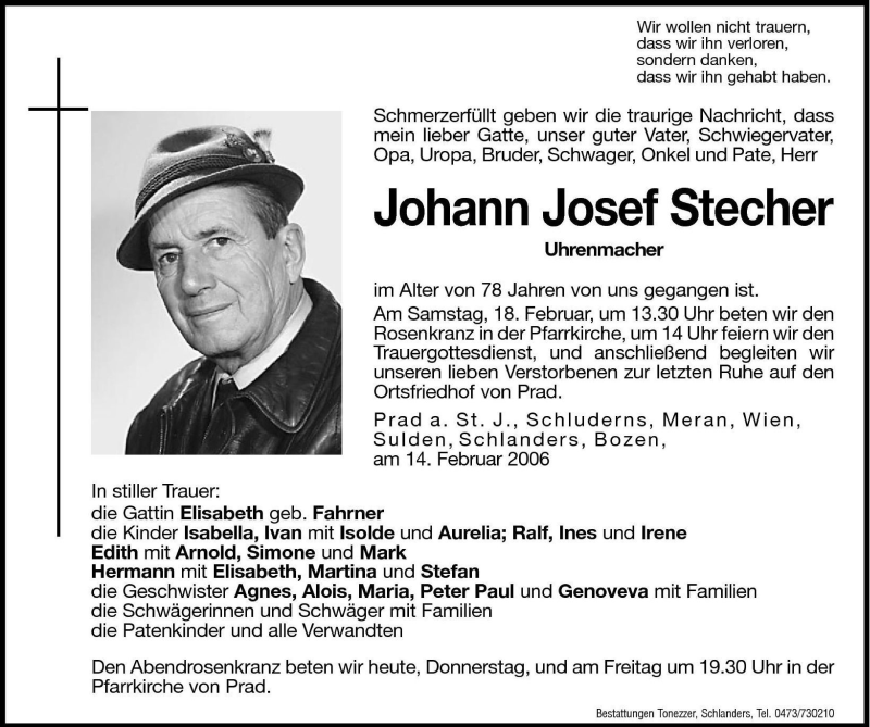  Traueranzeige für Johann Josef Stecher vom 16.02.2006 aus Dolomiten