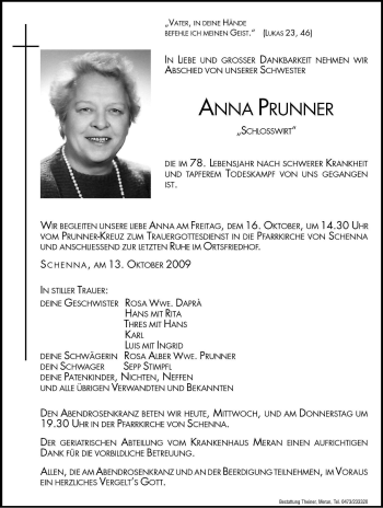Traueranzeige von Anna Prunner von Dolomiten