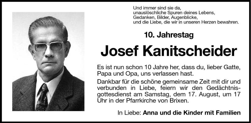  Traueranzeige für Josef Kanitscheider vom 17.08.2002 aus Dolomiten