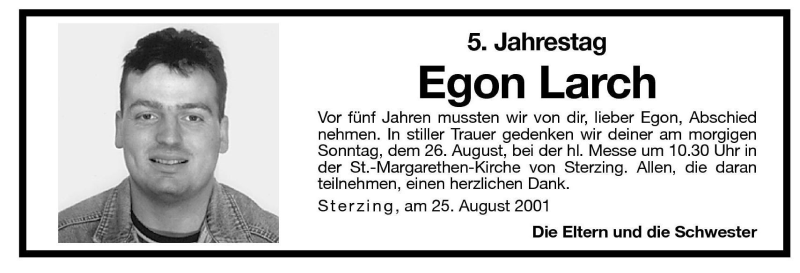  Traueranzeige für Egon Larch vom 25.08.2001 aus Dolomiten