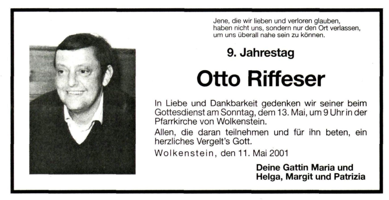  Traueranzeige für Otto Riffeser vom 11.05.2001 aus Dolomiten