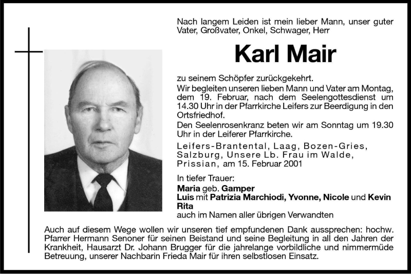 Traueranzeigen von Karl Mair | Trauer.bz