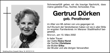 Traueranzeige von Gertrud Dörken von Dolomiten