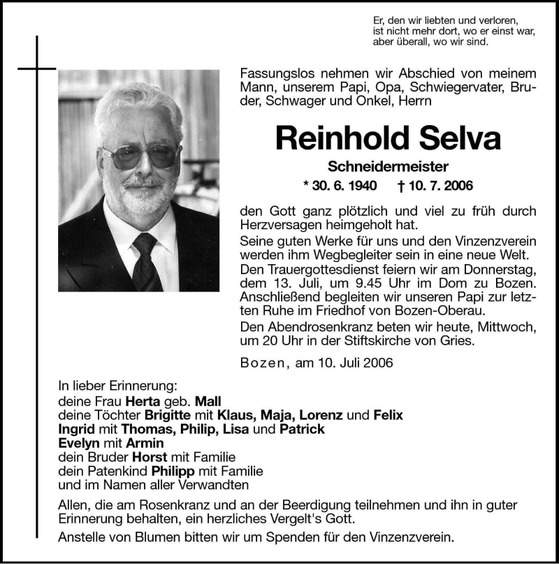  Traueranzeige für Reinhold Selva vom 12.07.2006 aus Dolomiten