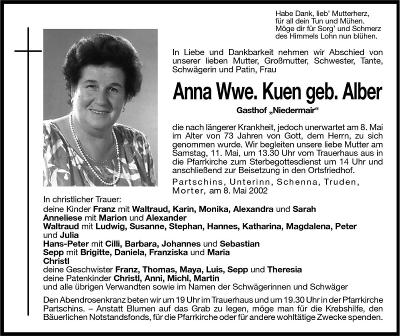  Traueranzeige für Anna Kuen vom 09.05.2002 aus Dolomiten