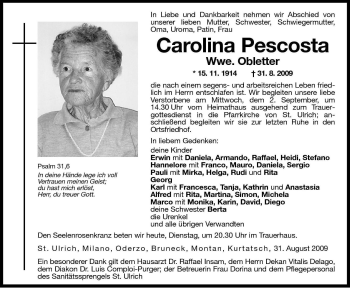 Traueranzeige von Carolina Obletter von Dolomiten