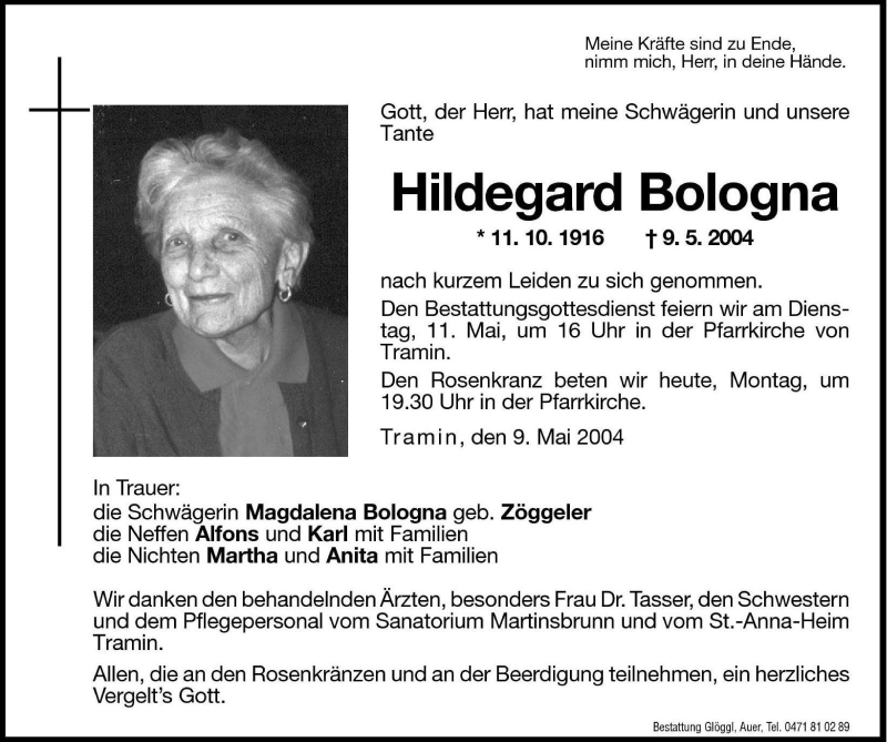  Traueranzeige für Hildegard Bologna vom 10.05.2004 aus Dolomiten