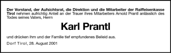Traueranzeige von Karl Prantl von Dolomiten