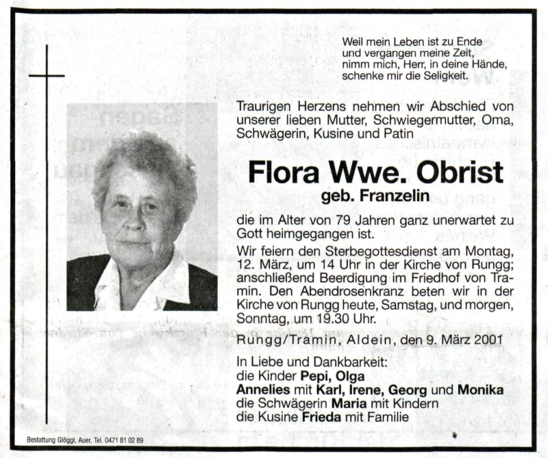  Traueranzeige für Flora Obrist vom 10.03.2001 aus Dolomiten