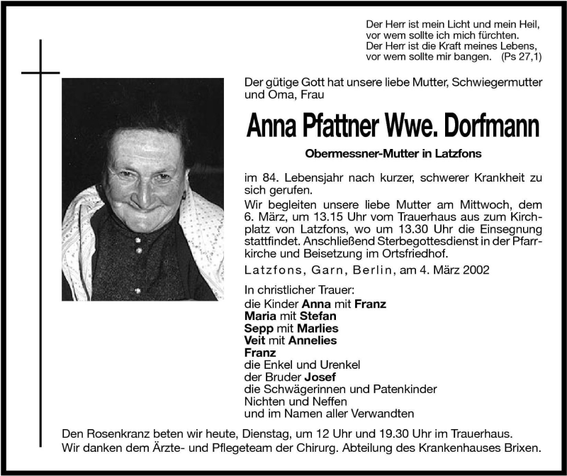  Traueranzeige für Anna Dorfmann vom 05.03.2002 aus Dolomiten