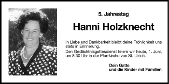Traueranzeige von Hanni Holzknecht von Dolomiten