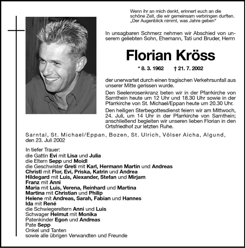  Traueranzeige für Florian Kröss vom 23.07.2002 aus Dolomiten