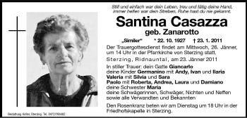 Traueranzeige von Santina Casazza von Dolomiten