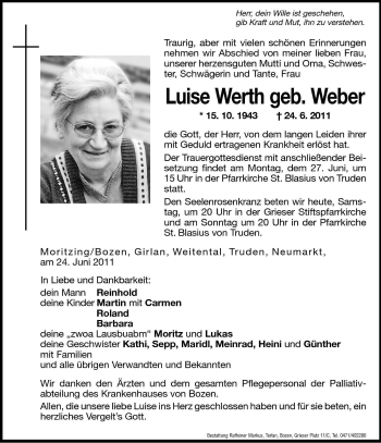 Traueranzeige von Luise Werth von Dolomiten