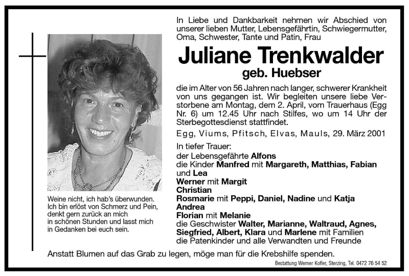  Traueranzeige für Juliane Trenkwalder vom 30.03.2001 aus Dolomiten