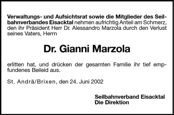 Traueranzeige von Gianni Marzola von Dolomiten