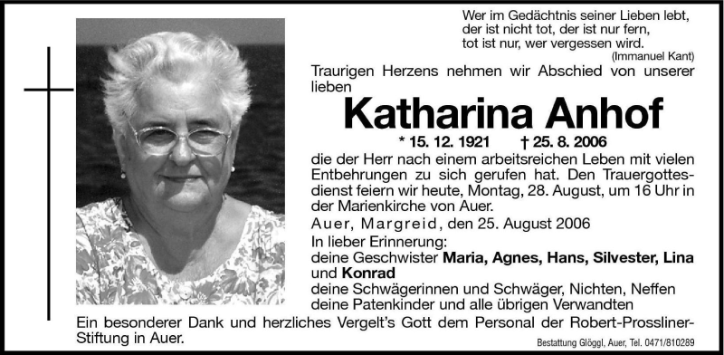  Traueranzeige für Katharina Anhof vom 28.08.2006 aus Dolomiten