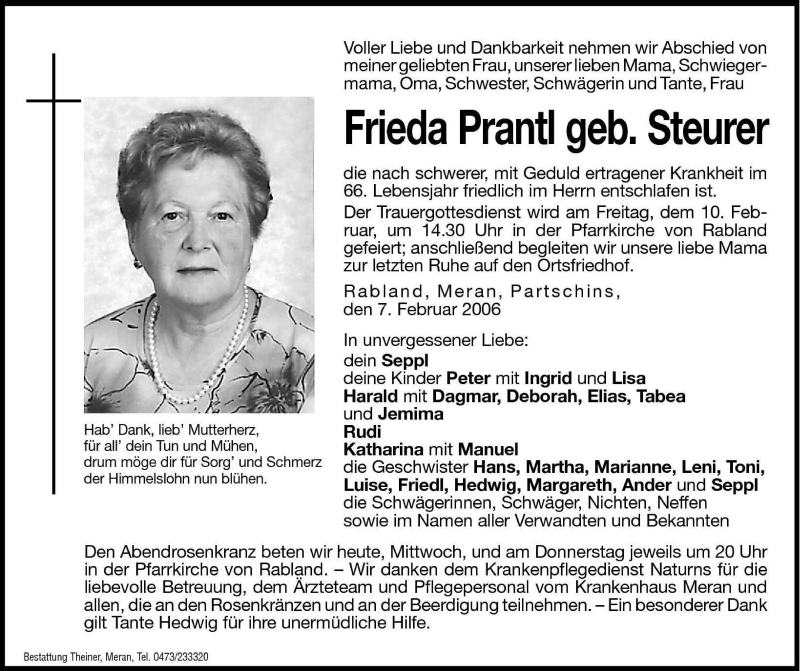  Traueranzeige für Frieda Prantl vom 08.02.2006 aus Dolomiten