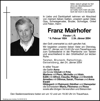 Traueranzeige von Franz Mairhofer von Dolomiten