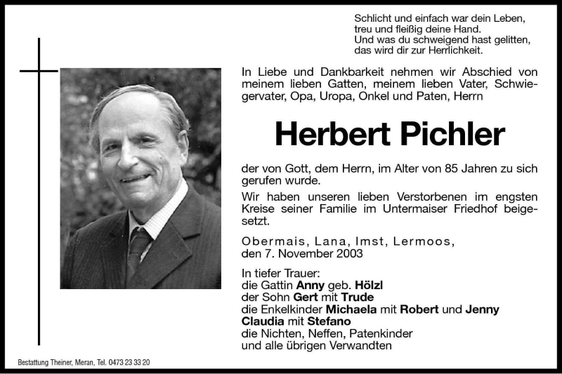  Traueranzeige für Herbert Pichler vom 14.11.2003 aus Dolomiten