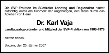 Traueranzeige von Karl Vaja von Dolomiten