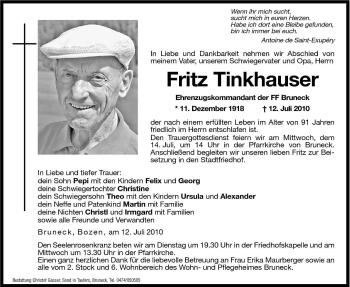 Traueranzeige von Fritz Tinkhauser von Dolomiten