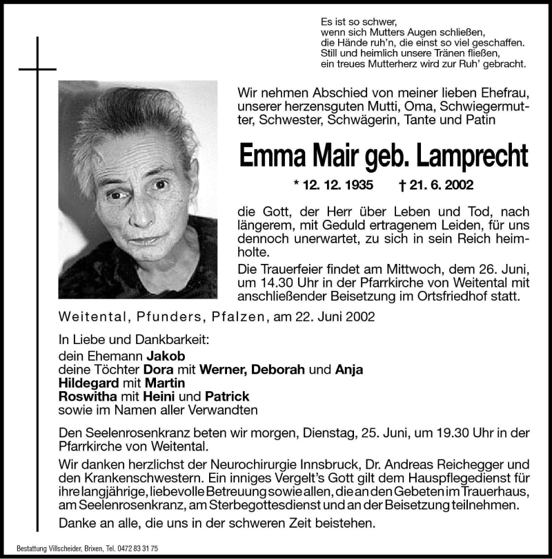  Traueranzeige für Emma Mair vom 24.06.2002 aus Dolomiten