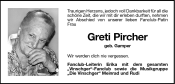 Traueranzeige von Greti Pircher von Dolomiten