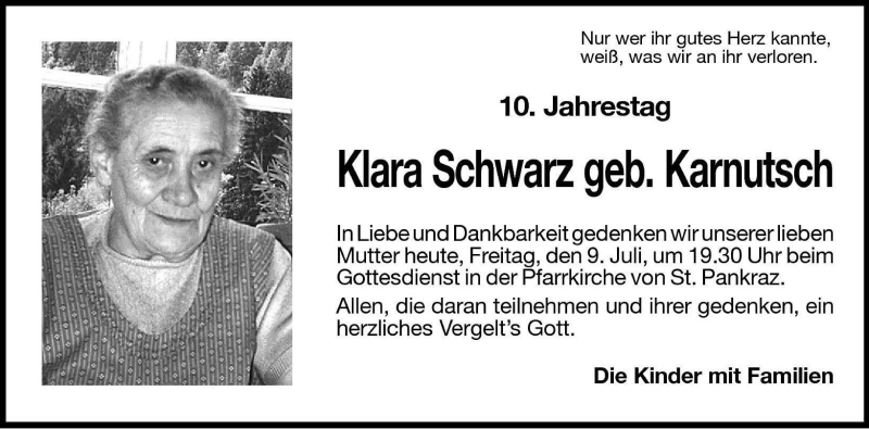  Traueranzeige für Klara Schwarz vom 09.07.2004 aus Dolomiten