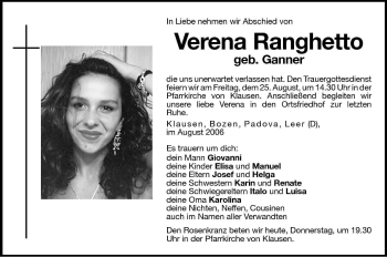 Traueranzeige von Verena Ranghetto von Dolomiten