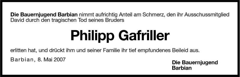  Traueranzeige für Philipp Gafriller vom 09.05.2007 aus Dolomiten