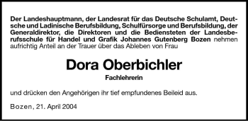 Traueranzeige von Dora Oberbichler von Dolomiten