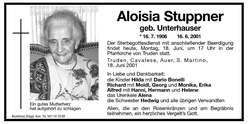  Traueranzeige für Aloisia Stuppner vom 18.06.2001 aus Dolomiten