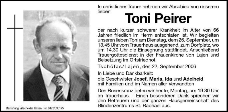  Traueranzeige für Toni Peirer vom 25.09.2006 aus Dolomiten