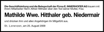 Traueranzeige von Mathilde Hitthaler von Dolomiten